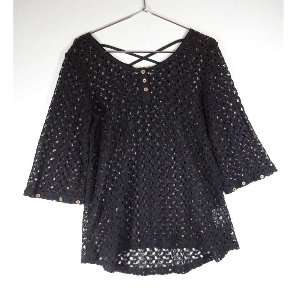 Simply Noelle Crochet Lace Tunic Women S/M Black Strappy Back Boho Festival Top